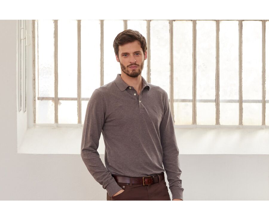 Polo manches longues homme Taupe chiné - ALEC II ML