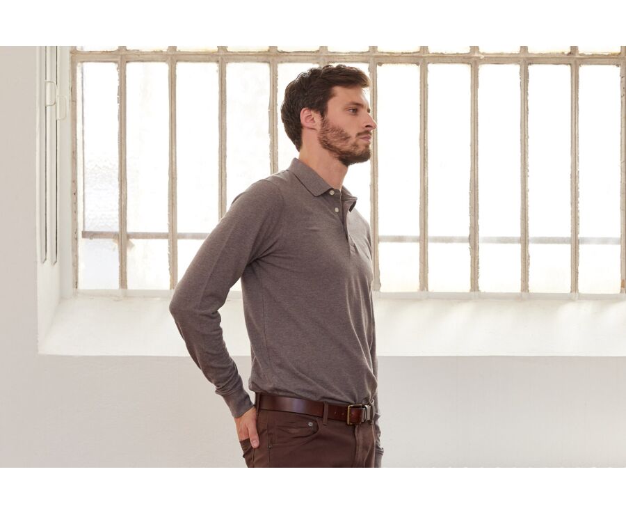 Polo manches longues homme Taupe chiné - ALEC II ML