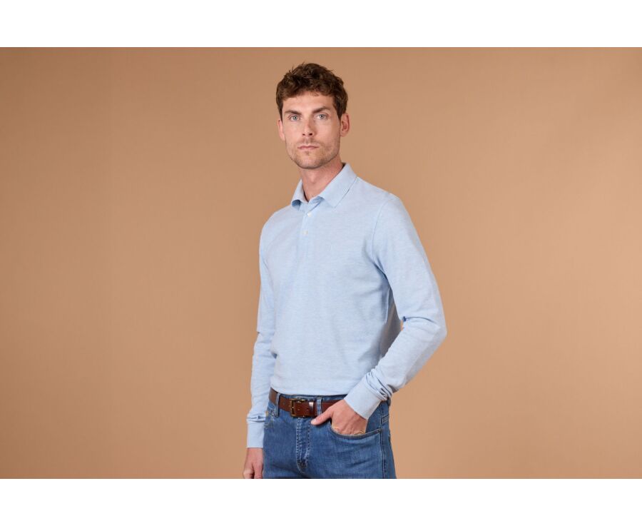 Polo manches longues homme bleu ciel chiné en coton piqué - ALEC II ML