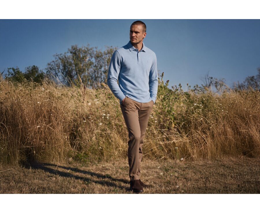 Polo manches longues homme bleu ciel chiné en coton piqué - ALEC II ML