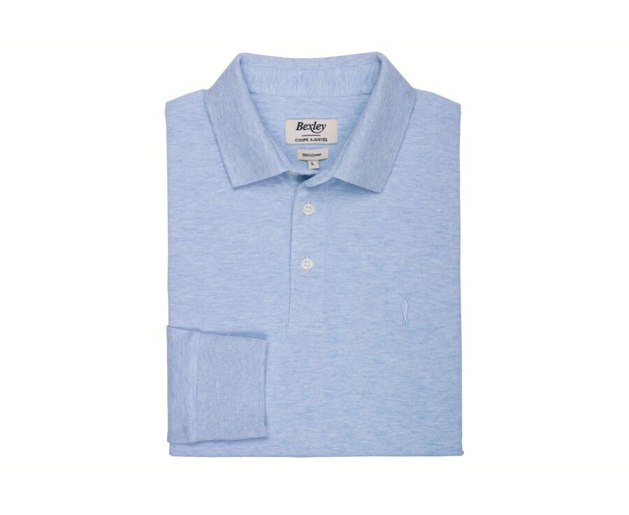 Polo manches longues homme bleu ciel chiné en coton piqué - ALEC II ML
