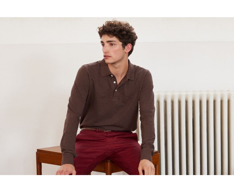 Polo manches longues homme Chocolat Chiné Foncé  - ALEC II ML