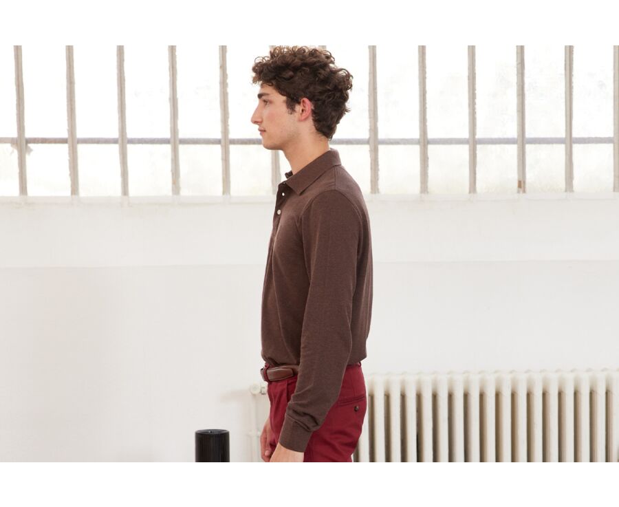 Polo manches longues homme Chocolat Chiné Foncé  - ALEC II ML