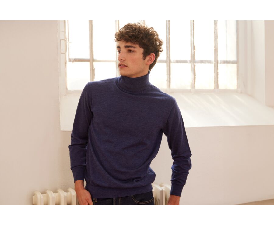 Pull col roulé homme Bleu Foncé Chiné  - EMERINOS