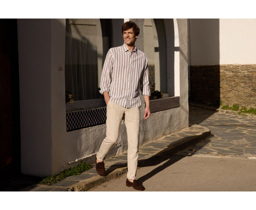 Chemise coton lin rayée Kaki et Blanc - BRUNIEN