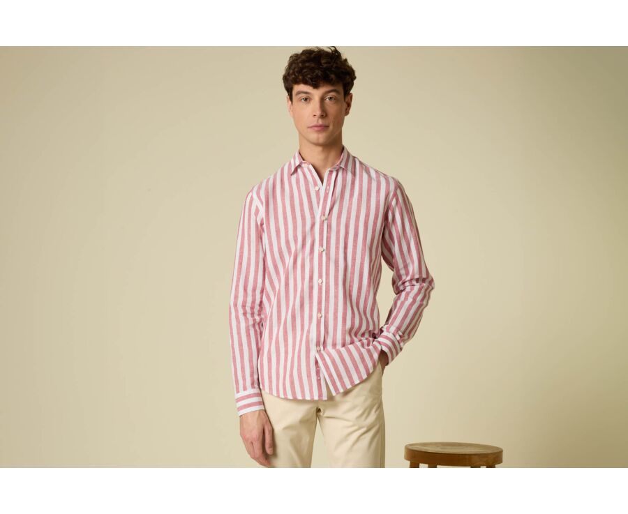 Chemise coton lin à rayures Rouge Basque et Blanc - BRUNIEN