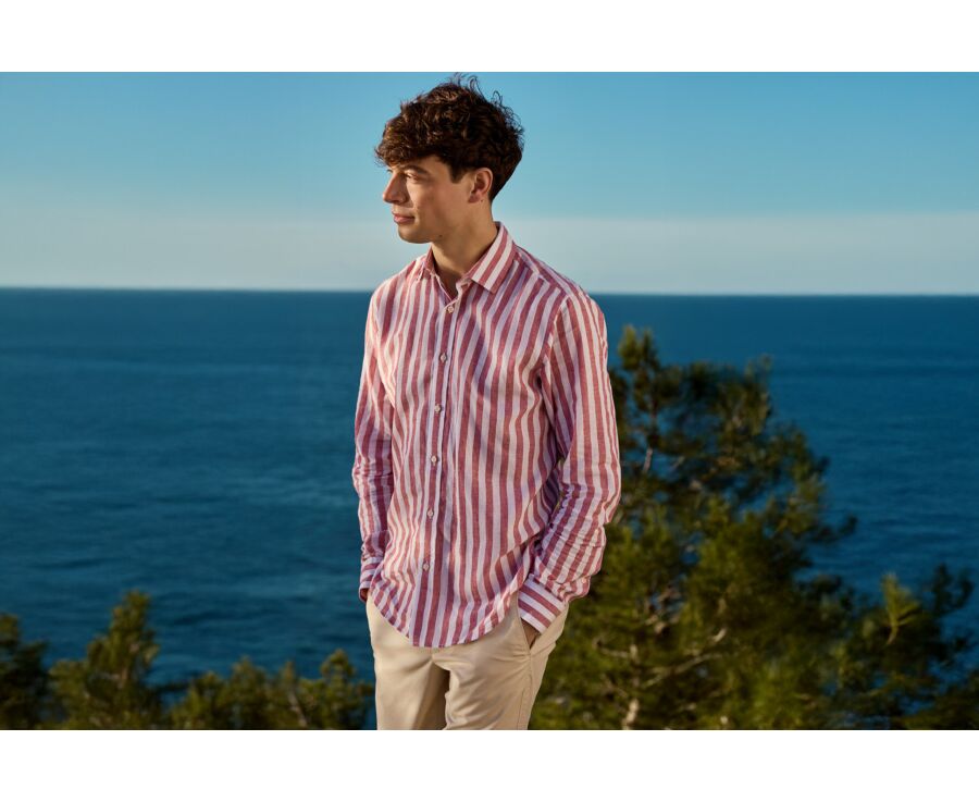 Chemise coton lin à rayures Rouge Basque et Blanc - BRUNIEN