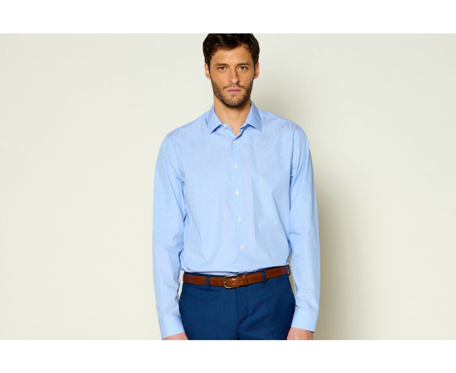 Chemise Bleue à rayures blanches en coton - Col français - BERTELIN CLASSIC