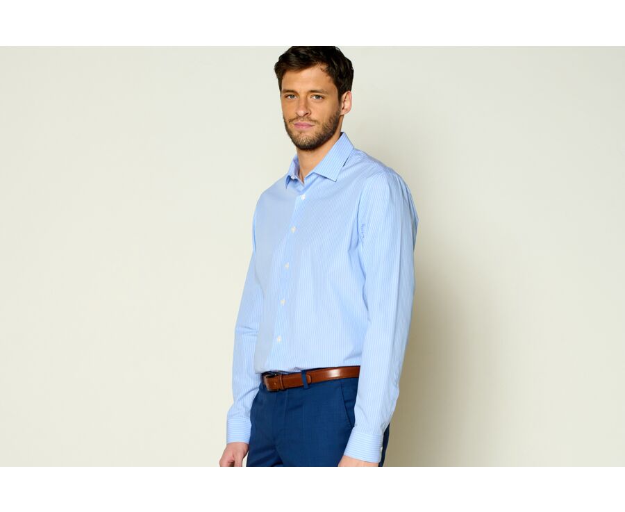 Chemise Bleue à rayures blanches en coton - Col français - BERTELIN CLASSIC