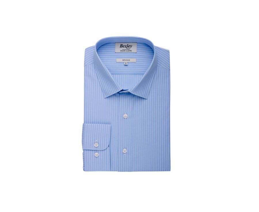 Chemise Bleue à rayures blanches en coton - Col français - BERTELIN CLASSIC