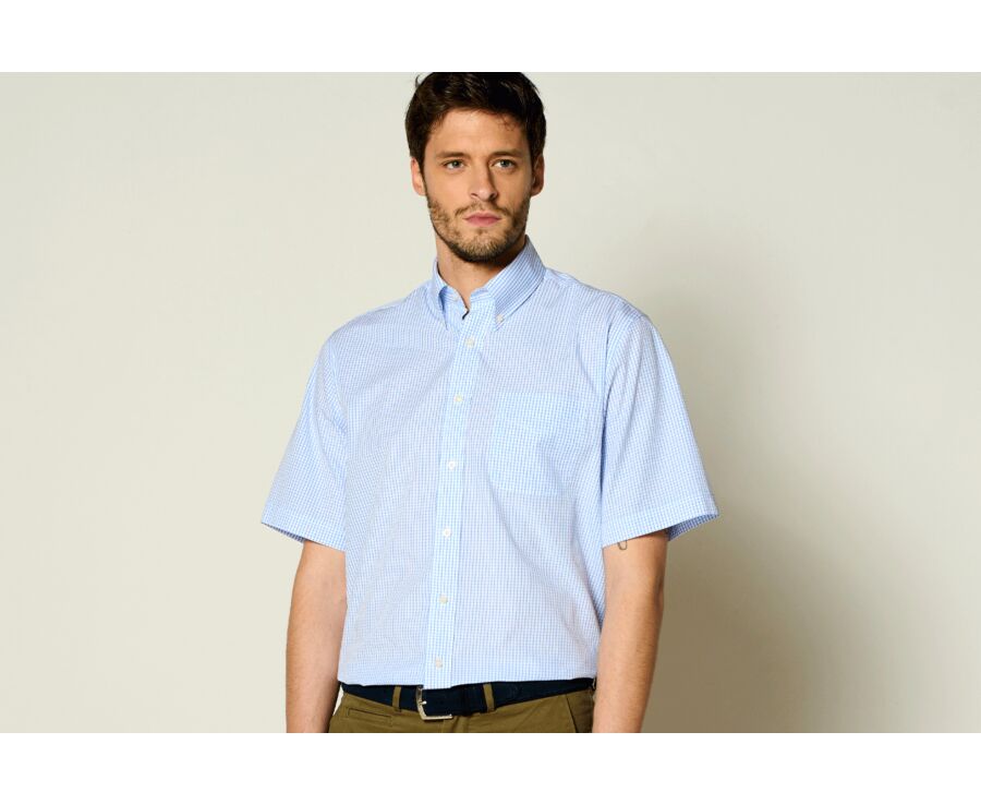 Chemise coton blanche à petits carreaux bleu clair - GLENN MC