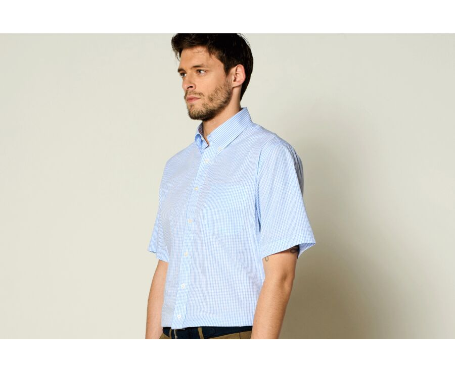Chemise coton blanche à petits carreaux bleu clair - GLENN MC