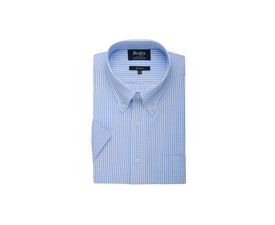 Chemise coton blanche à petits carreaux bleu clair - GLENN MC