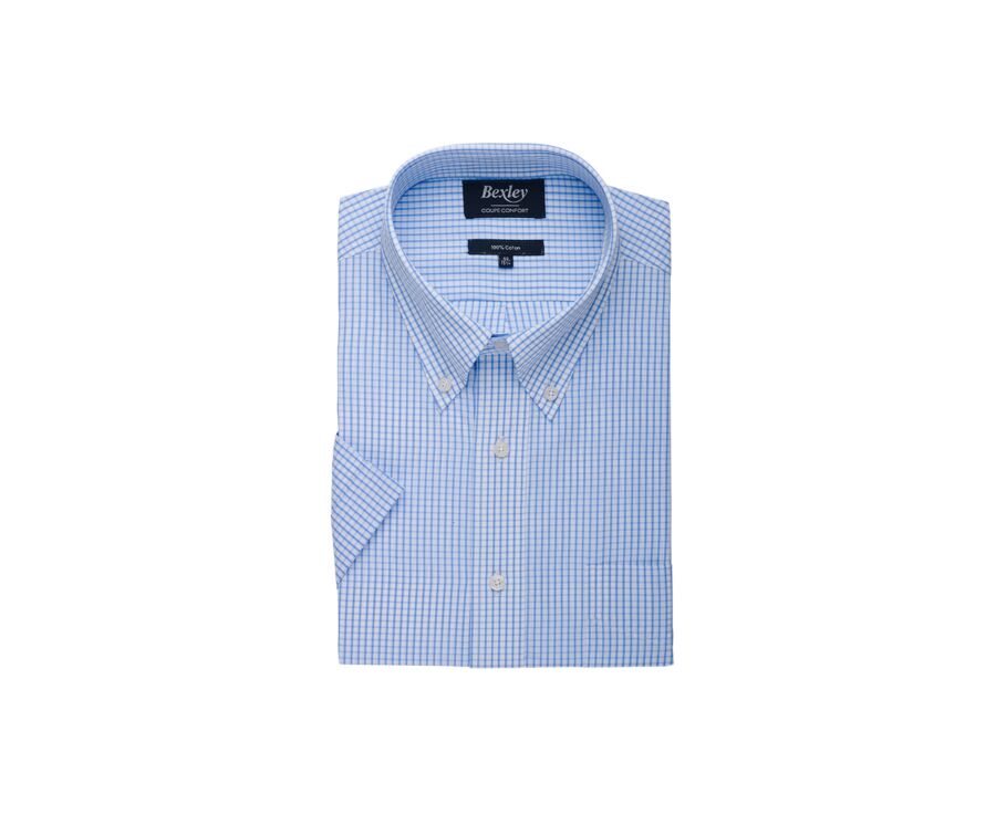 Chemise coton blanche à petits carreaux bleu clair - GLENN MC
