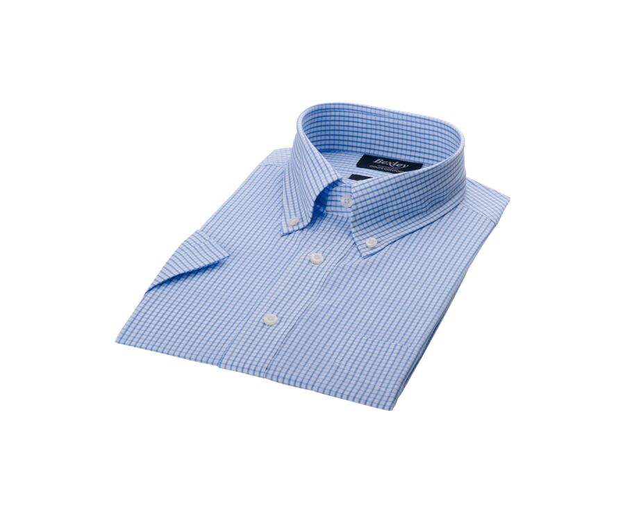 Chemise coton blanche à petits carreaux bleu clair - GLENN MC