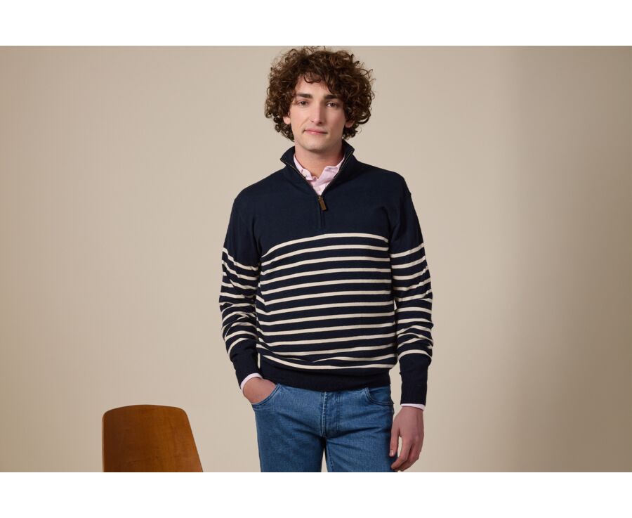 Pull col zippé marin coton bio/cachemire Marine et Ecru - VLADIAC