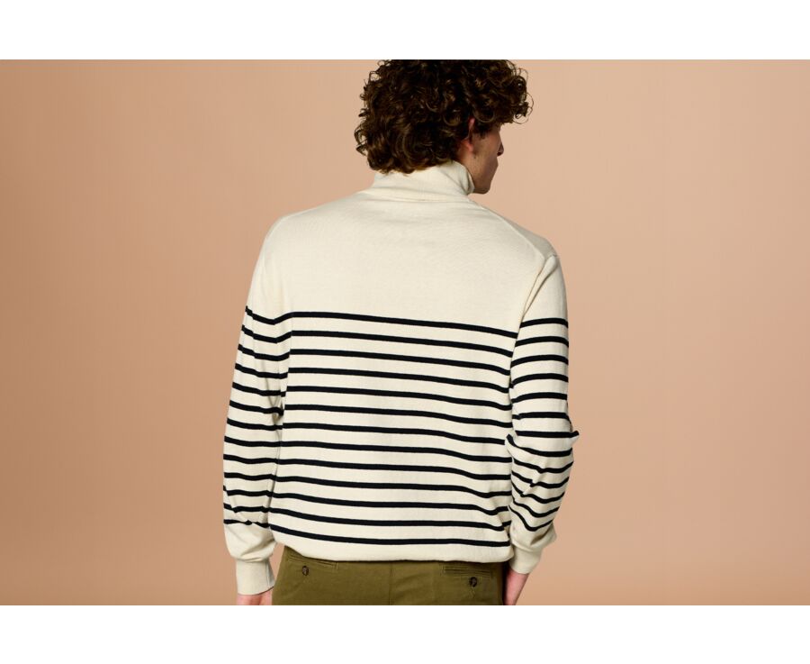 Pull col zippé marin coton bio/cachemire Ecru et Marine - VLADIAC