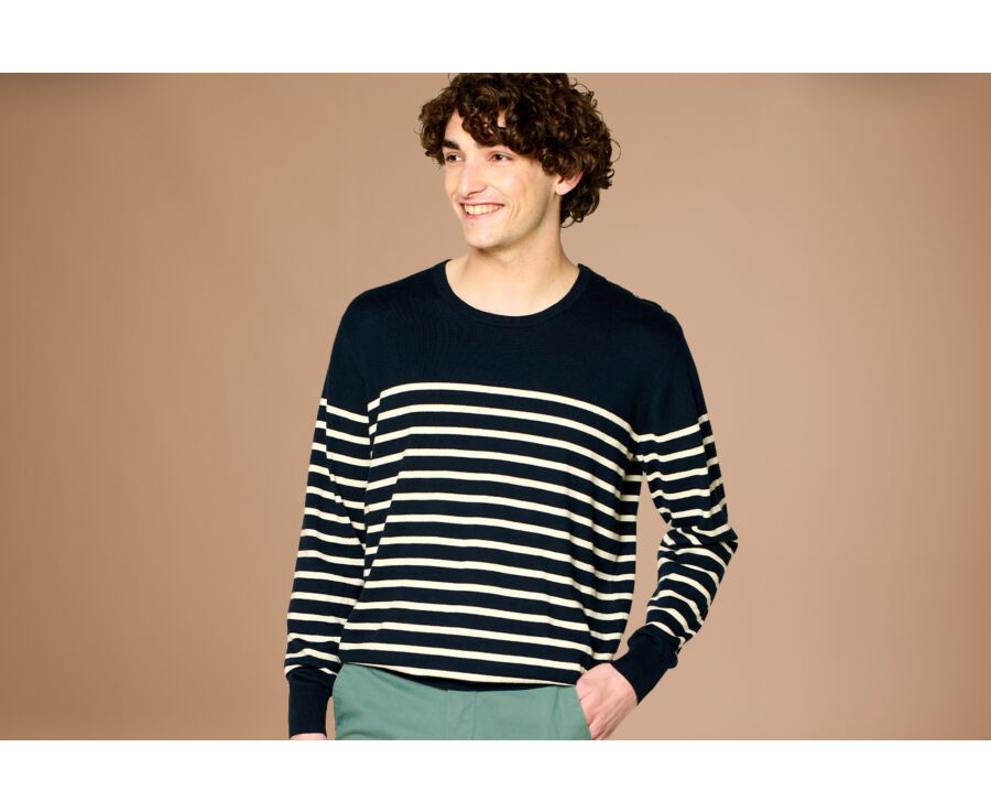 Pull Marin coton bio/cachemire homme Marine et Ecru - CONIAK