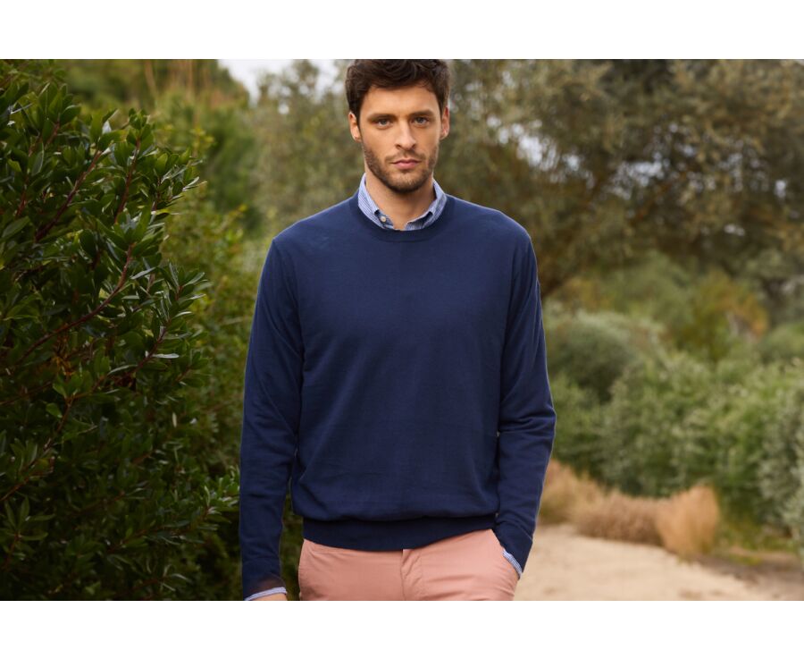 Pull homme coton-bio/lin col rond Navy Denim - CLINDMIR