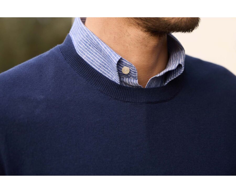 Pull homme coton-bio/lin col rond Navy Denim - CLINDMIR