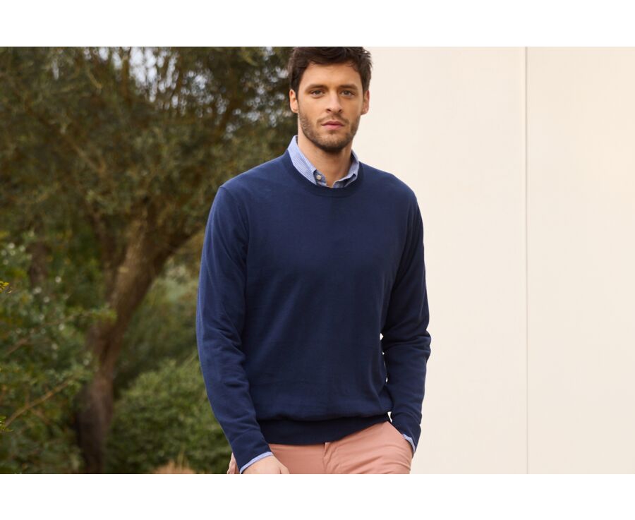 Pull homme coton-bio/lin col rond Navy Denim - CLINDMIR
