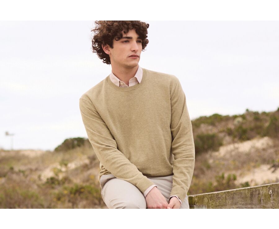 Pull homme coton-bio/lin col rond Kaki Chiné - CLINDMIR