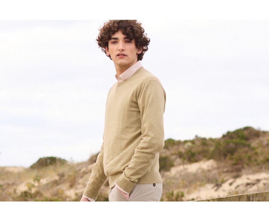 Pull homme coton-bio/lin col rond Kaki Chiné - CLINDMIR