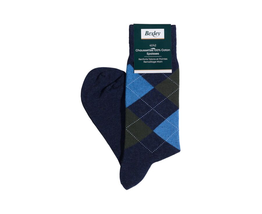 Chaussettes homme à motif losange bleu chiné et vert