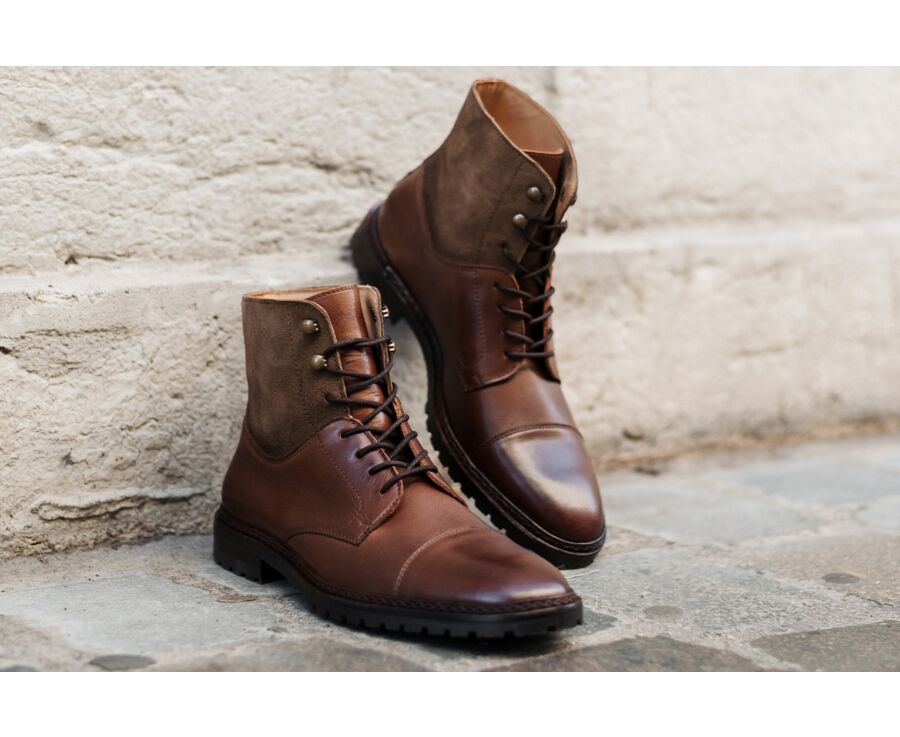 Derby boots homme a lacets Cognac Patine et Taupe Irving Ii Gomme Bexley