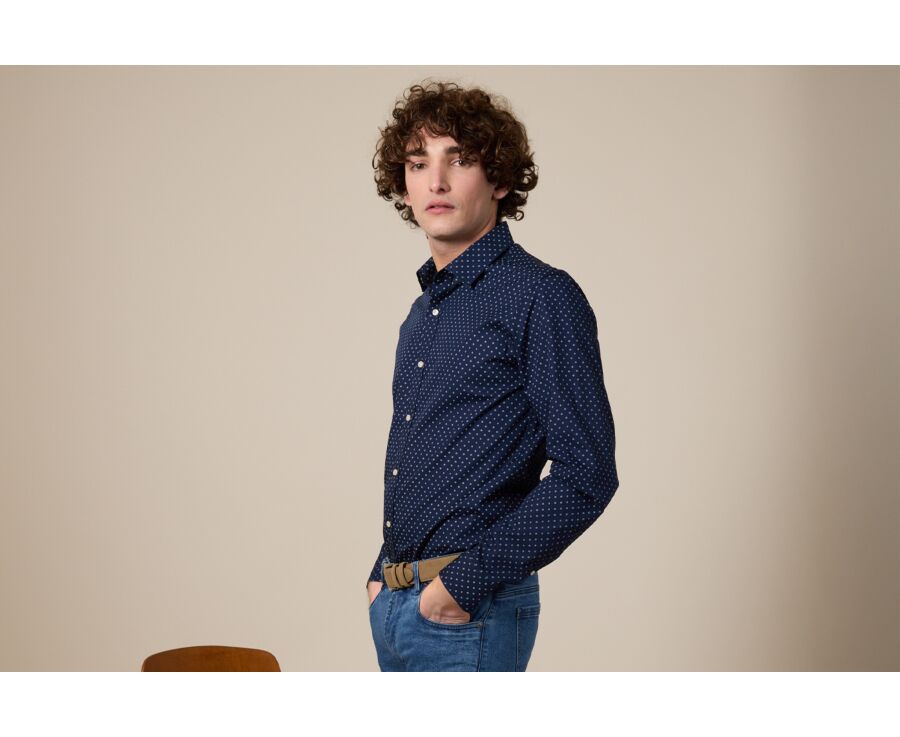 Chemise imprimée Navy motifs blancs - Col français - ALPHIDE