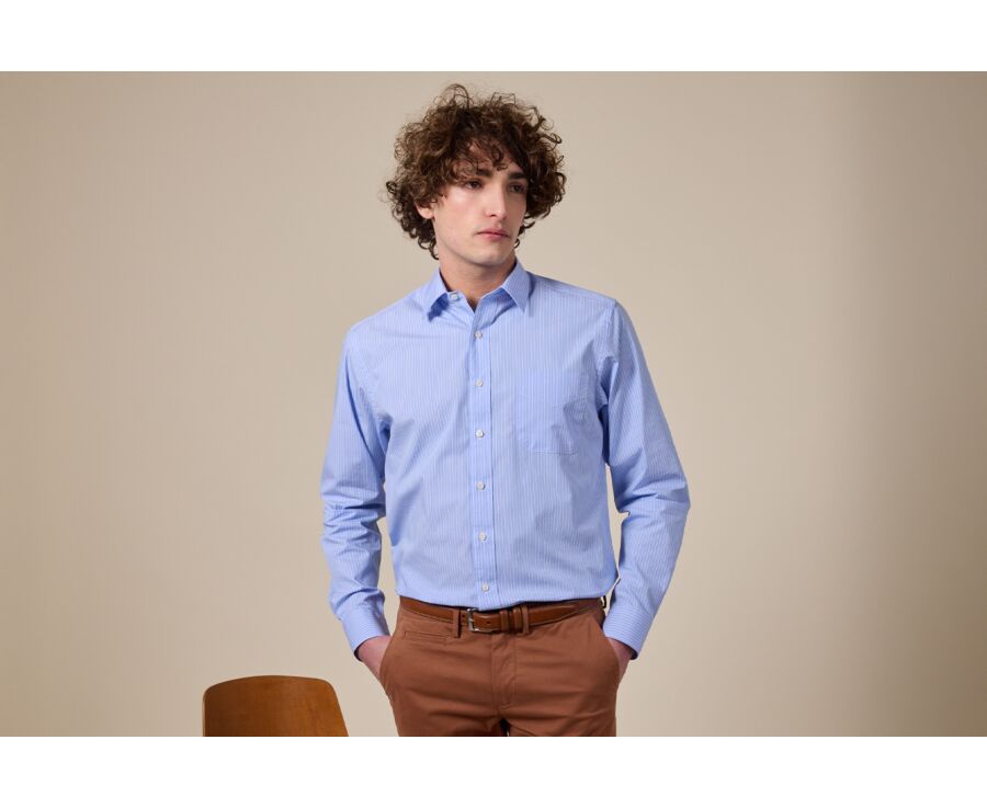 Chemise bleu imprimée rayures blanches - Col français - BERTHOD