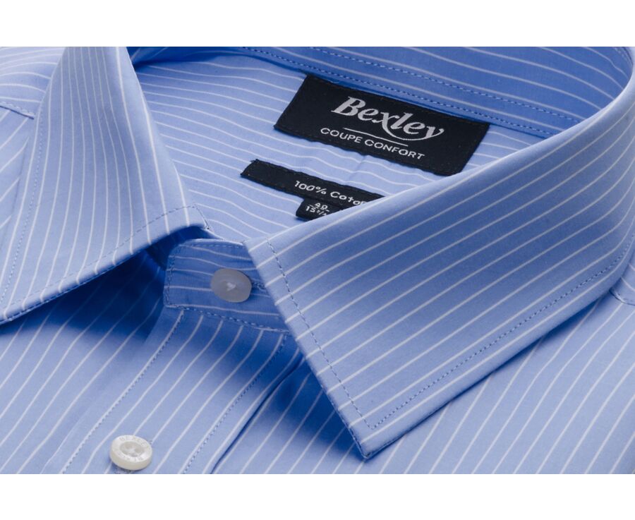 Chemise bleu imprimée rayures blanches - Col français - BERTHOD