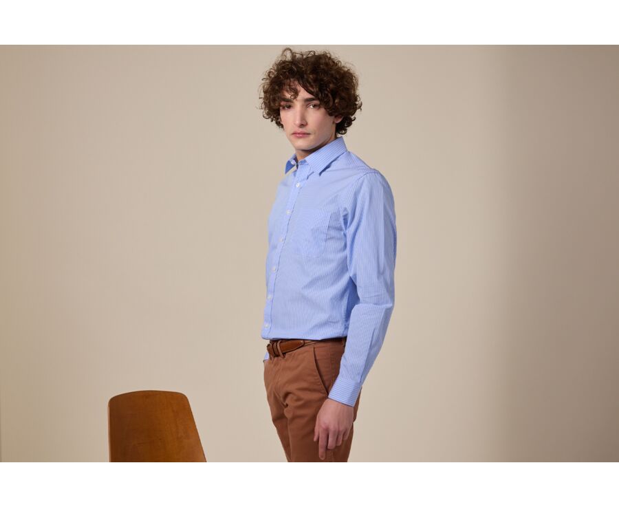 Chemise bleu imprimée rayures blanches - Col français - BERTHOD