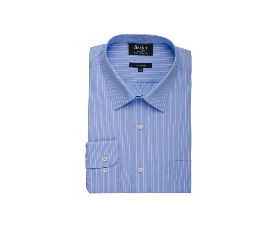 Chemise bleu imprimée rayures blanches - Col français - BERTHOD