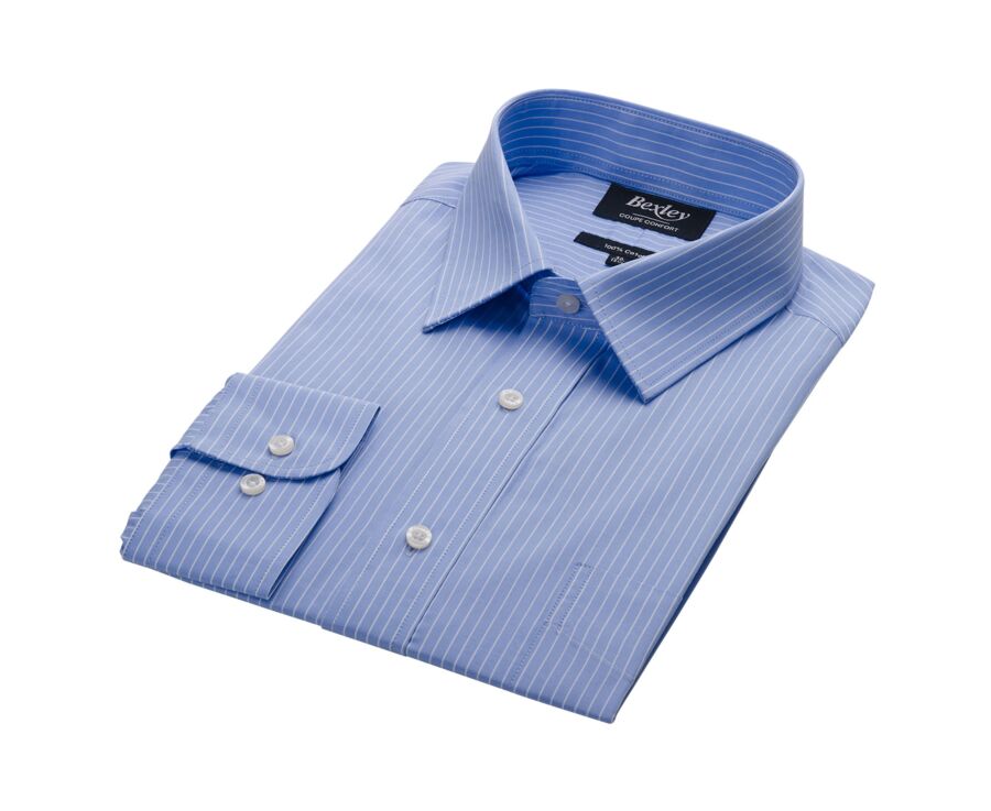 Chemise bleu imprimée rayures blanches - Col français - BERTHOD