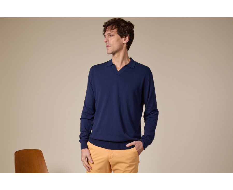 Pull homme col polo Navy Denim - BRAVLIN