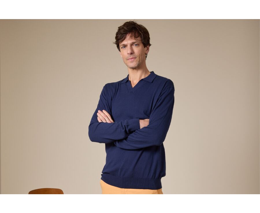 Pull homme col polo Navy Denim - BRAVLIN