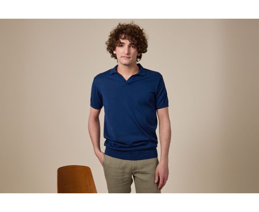Polo habillé tricot homme sans boutons Indigo - BRAVEN