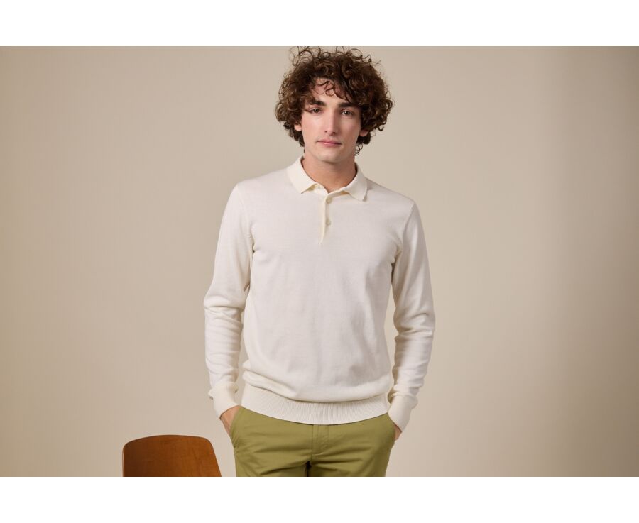Pull tricot 100% coton Ecru - Col Polo - BRAIDEN ML