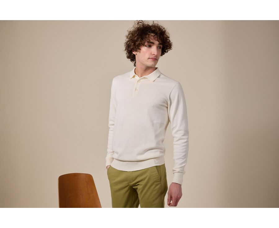 Pull tricot 100% coton Ecru - Col Polo - BRAIDEN ML