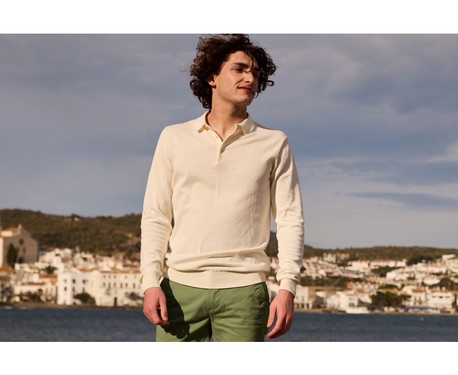 Pull tricot 100% coton Ecru - Col Polo - BRAIDEN ML