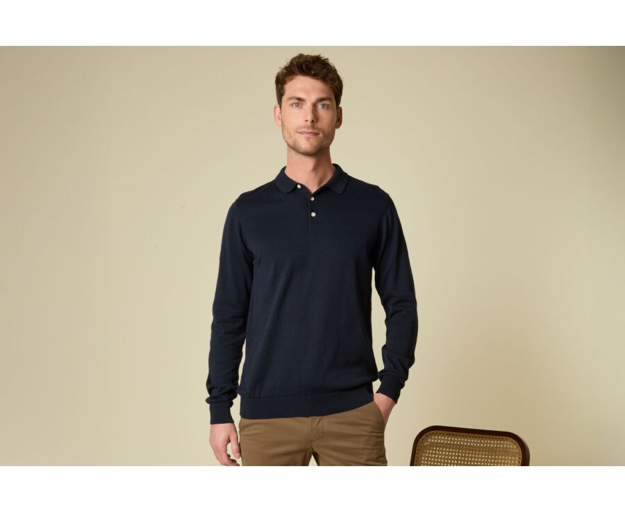 Pull tricot 100% coton Marine - Col Polo - BRAIDEN ML