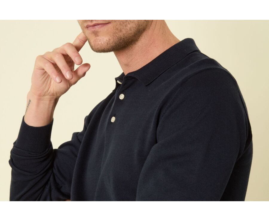 Pull tricot 100% coton Marine - Col Polo - BRAIDEN ML