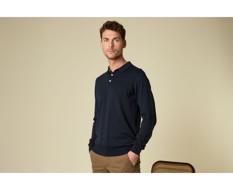 Pull tricot 100% coton Marine - Col Polo - BRAIDEN ML