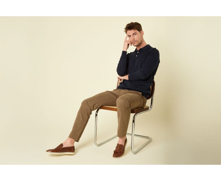 Pull tricot 100% coton Marine - Col Polo - BRAIDEN ML