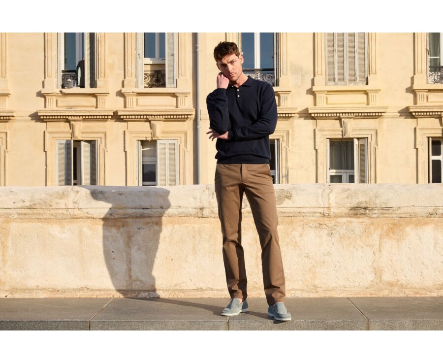 Pull tricot 100% coton Marine - Col Polo - BRAIDEN ML