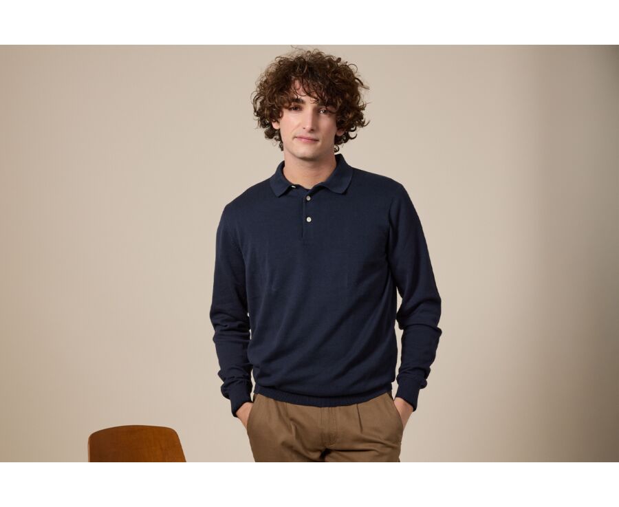 Pull tricot 100% coton Bleu Pétrole - Col Polo - BRAIDEN ML