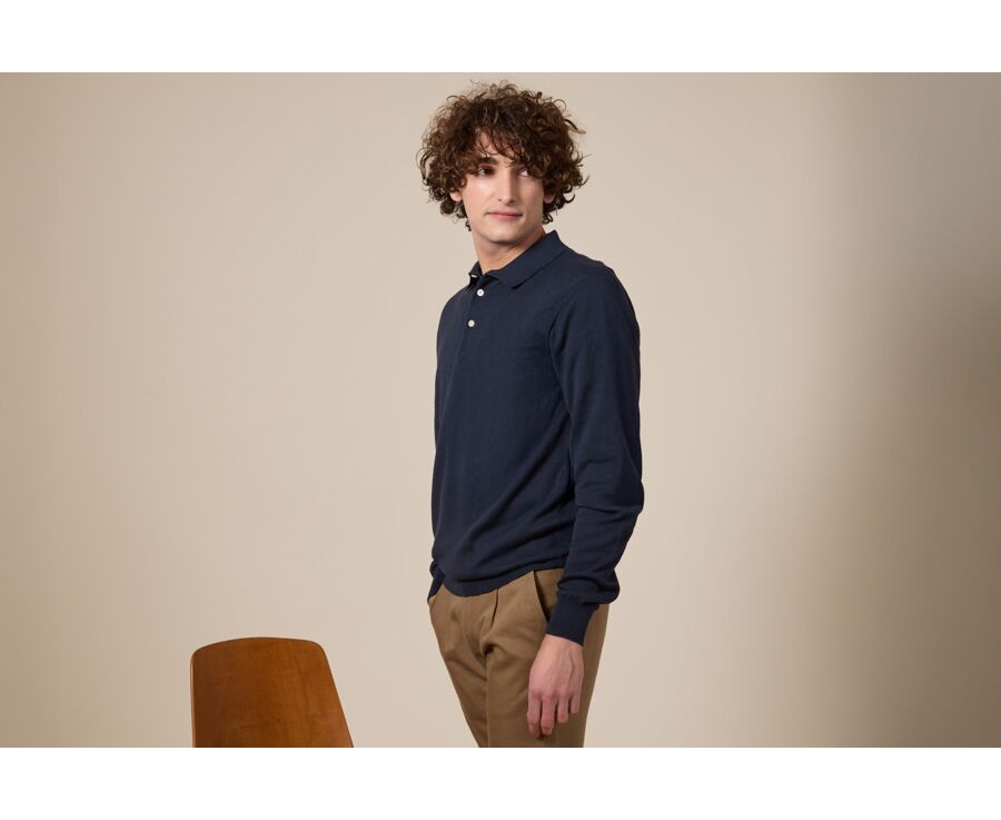 Pull tricot 100% coton Bleu Pétrole - Col Polo - BRAIDEN ML