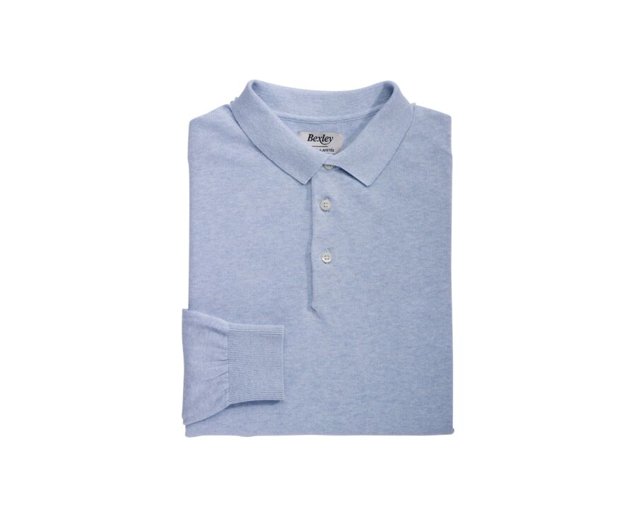 Pull tricot 100% coton Bleu Ciel Chiné - Col Polo - BRAIDEN ML