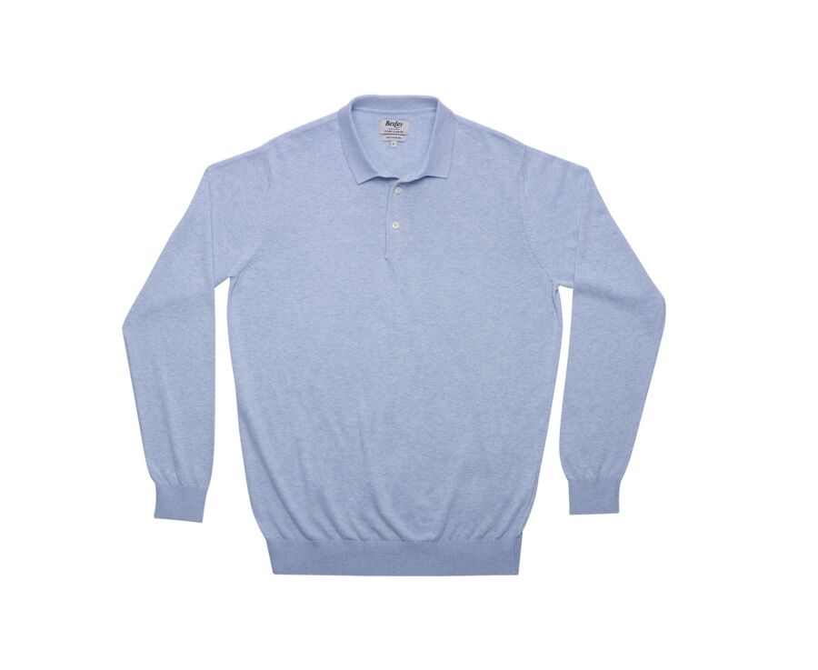 Pull tricot 100% coton Bleu Ciel Chiné - Col Polo - BRAIDEN ML